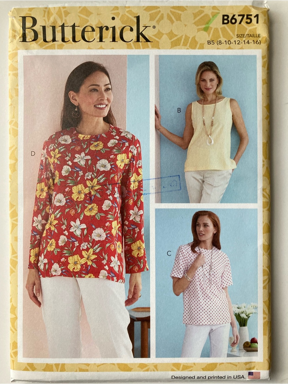 Butterick 6751 Top Vest Short Long Sleeve Blouse Shirt Pattern 8 10 12 14 16